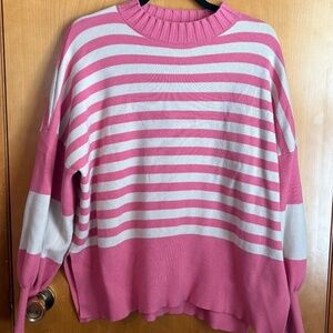 Pink & White Striped Mock Neck Sweater | Cozy Knit Oversized Pullover Size L
